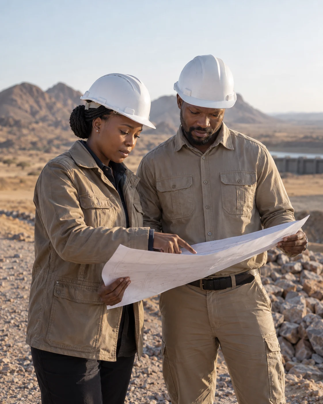 Illustrative scene of two engineers reviewing a site plan