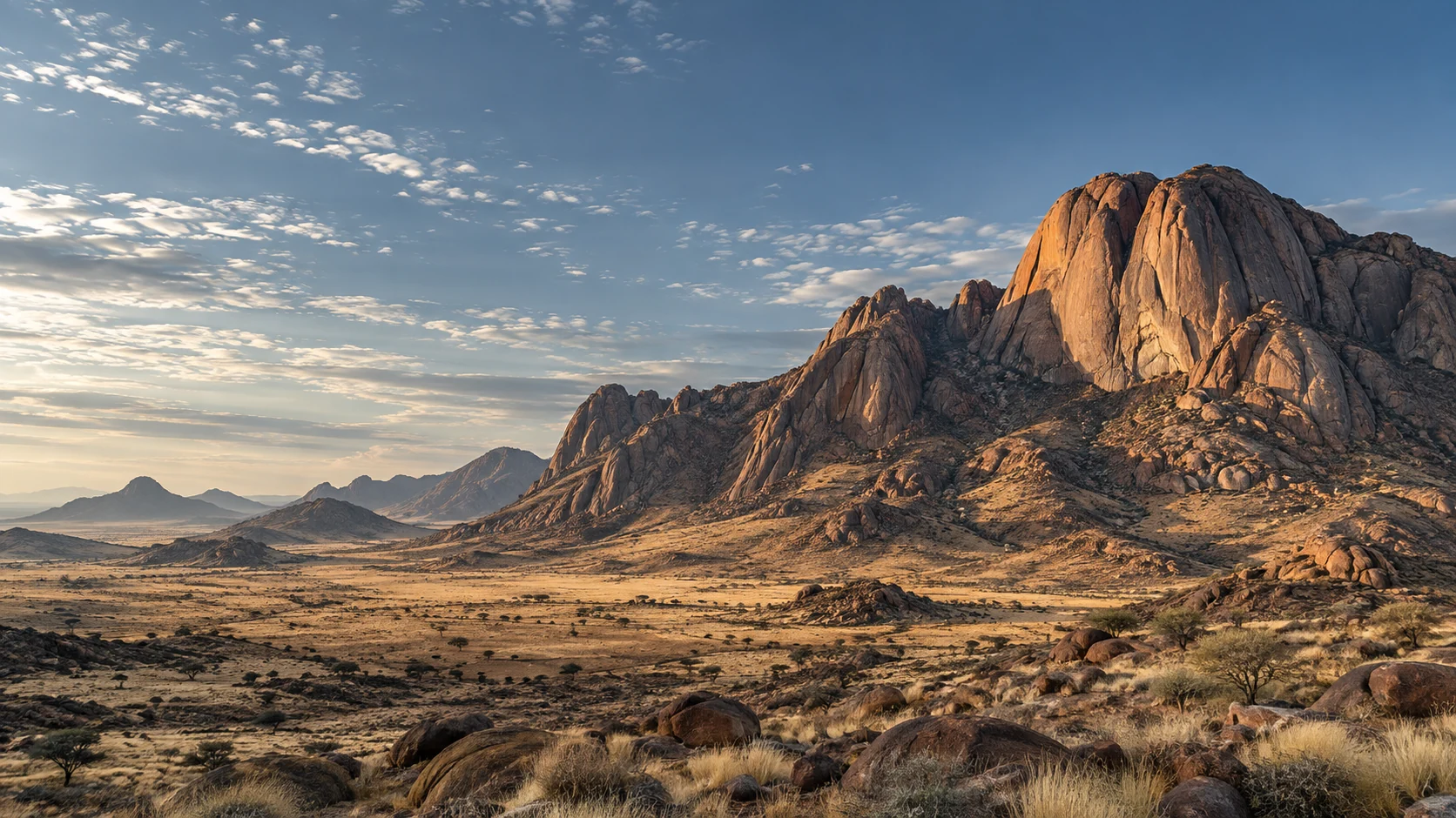 Illustrative Namibian-inspired granite mountains and open grassland in soft morning light